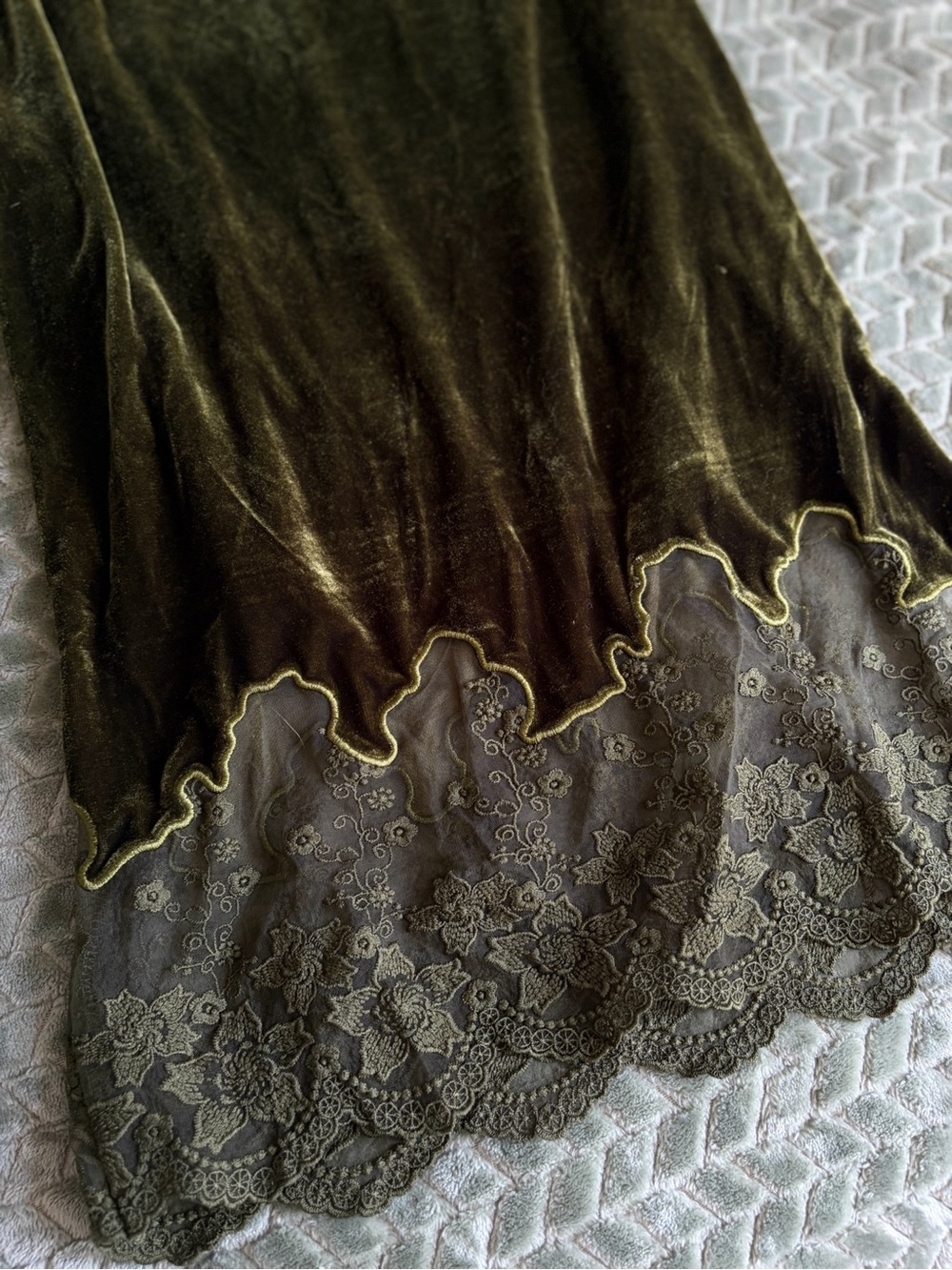 Velvet Maxi Skirt with Lace Hem - Olive - Picture 3 of 4
